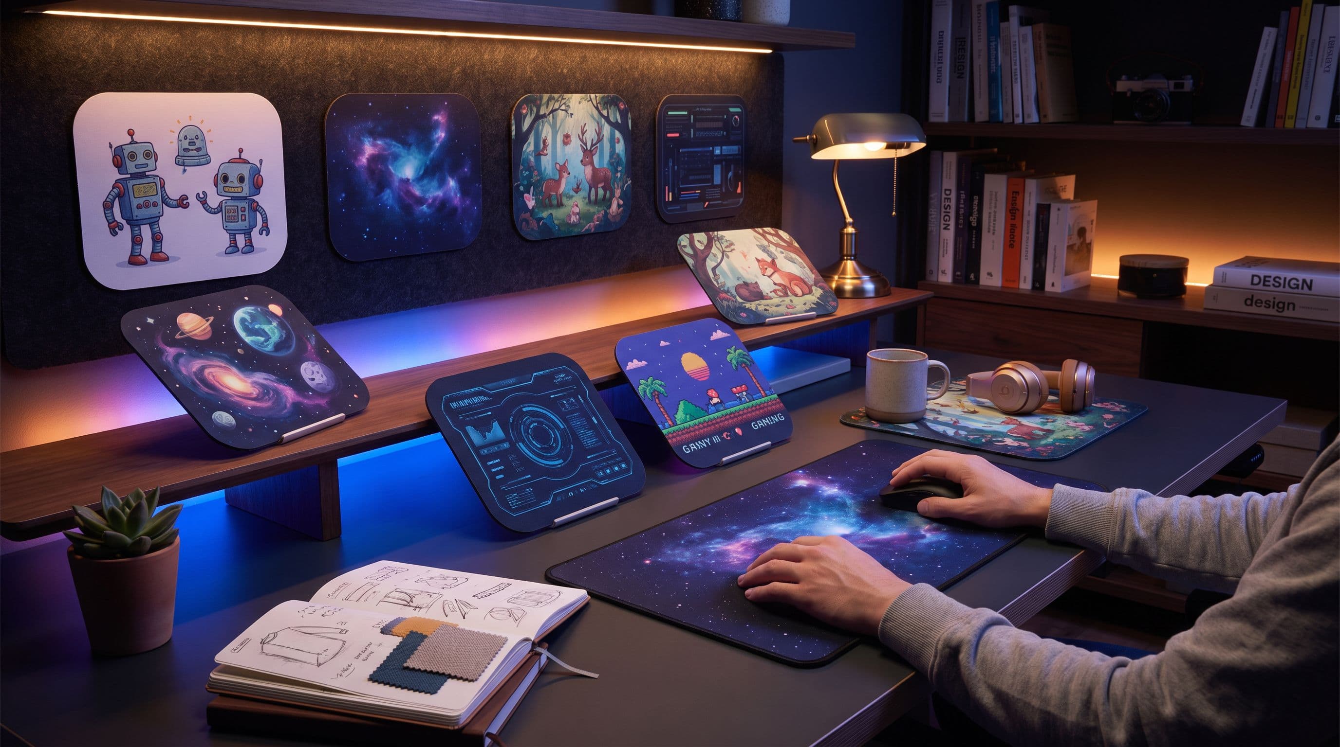 Tapis de souris illustré sur un bureau éclairé de néons
